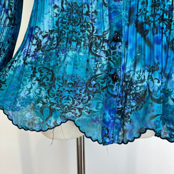 Laura Scott Blue Damask Printed Pleated Stretch Shirt Top - Picture 7 of 8